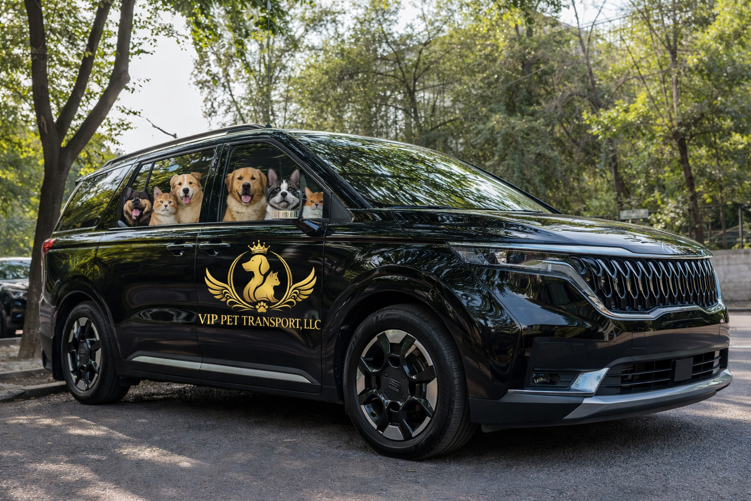 Luxury pet transportation vehicle with happy pets